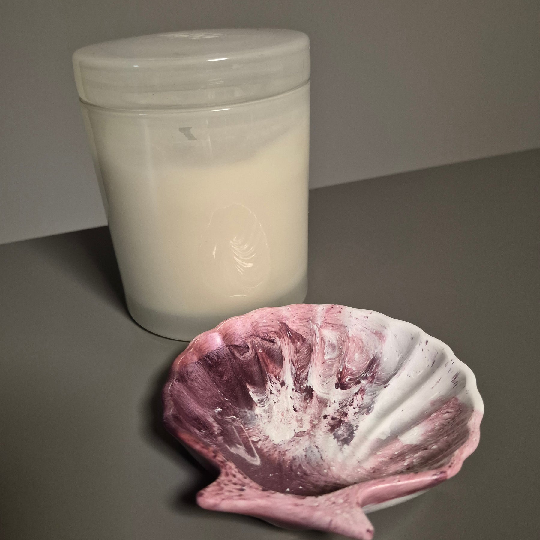 Pink and white shell dish.