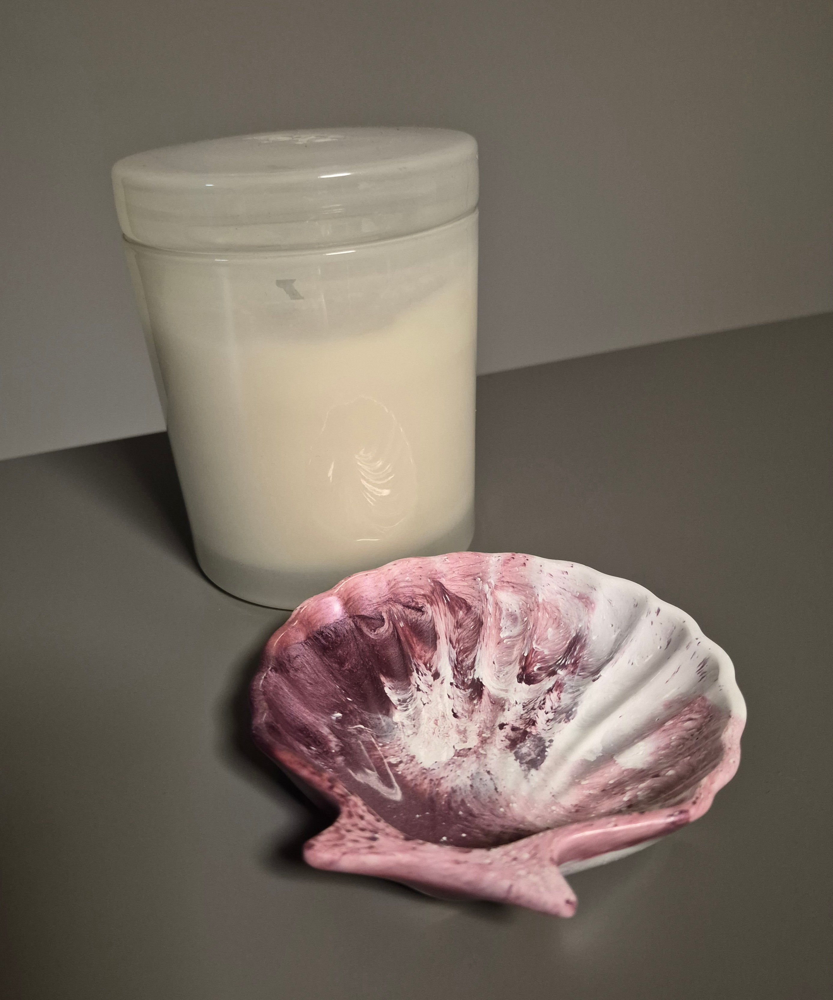 Pink and white shell dish.