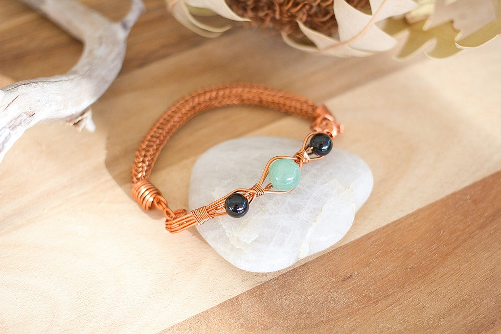 Copper Viking Wire Knitted Gemstone Bracelet  | Aventurine and Onyx Jewellery