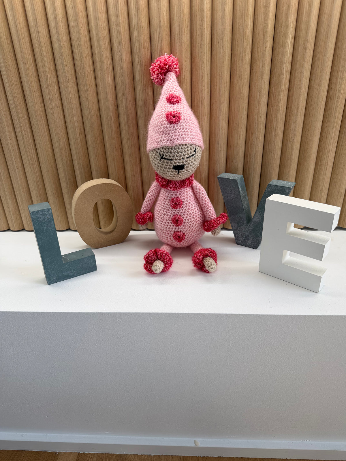 Pink Clown crocheted soft toy