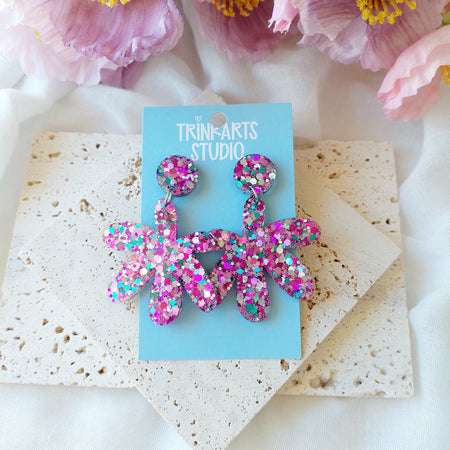 Glitter Flower Resin Dangle Earrings