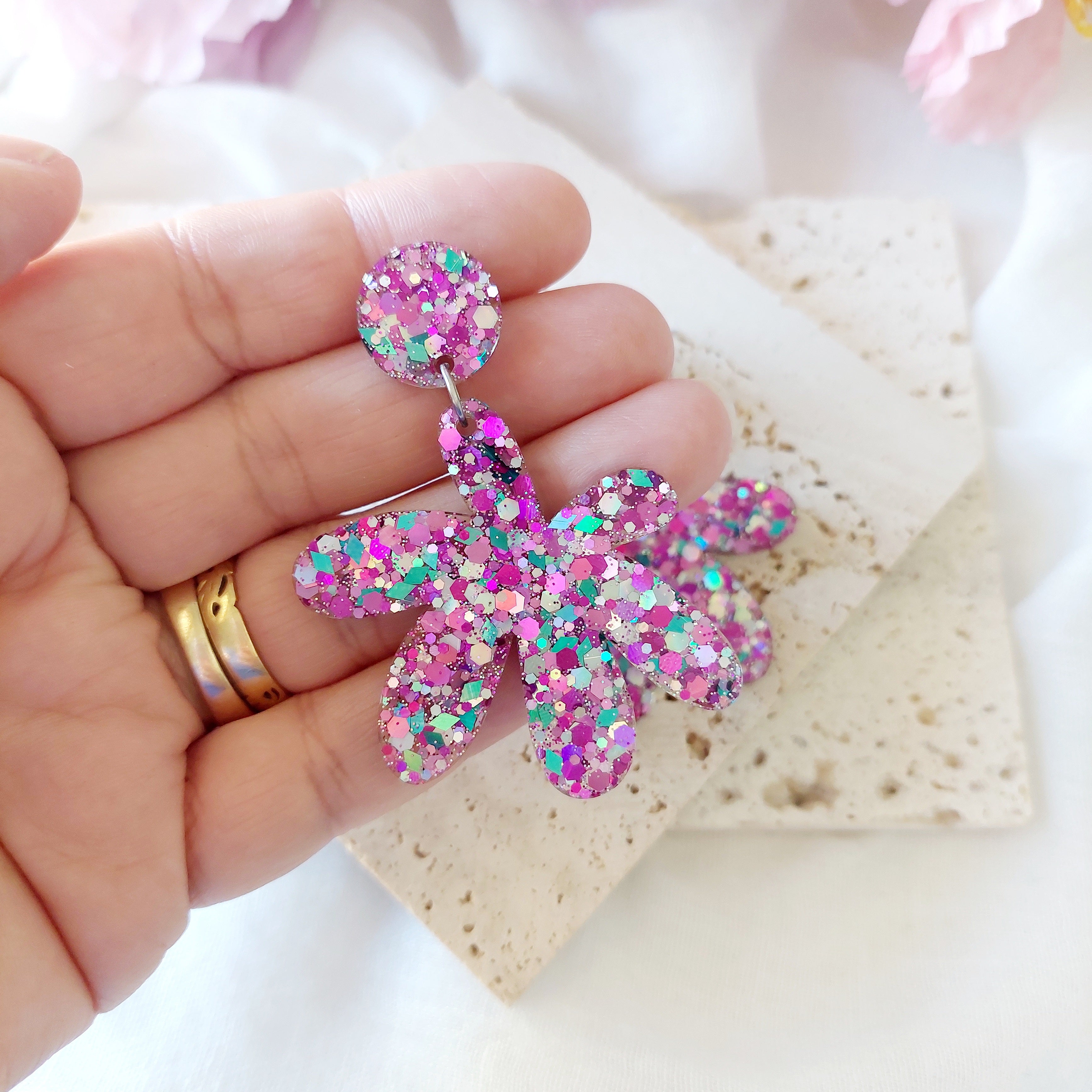 Glitter Flower Resin Dangle Earrings