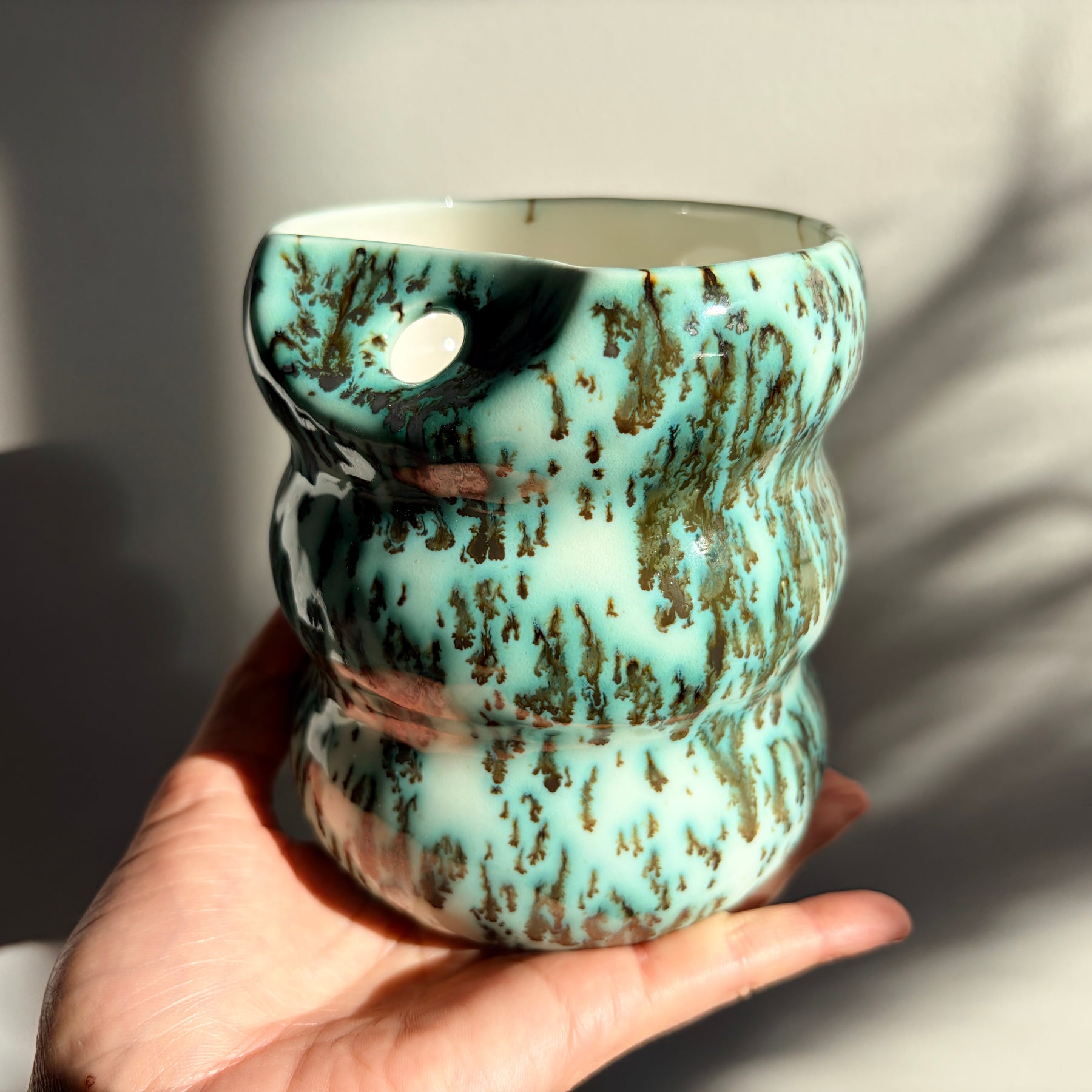 Handcrafted Porcelain Tumbler with Silicon Straw, 600mL Bubble Cup in Moss Glaze