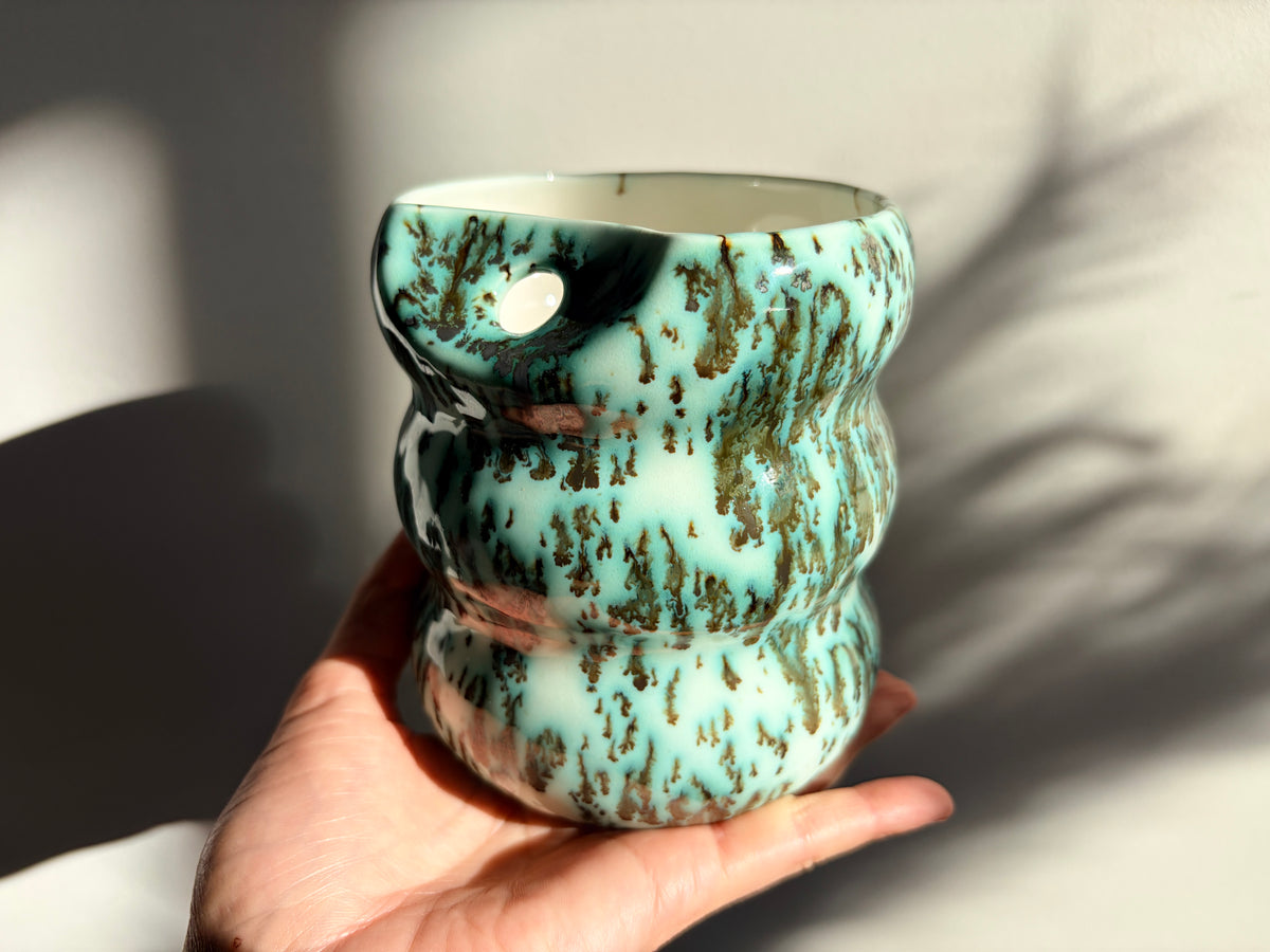 Handcrafted Porcelain Tumbler with Silicon Straw, 600mL Bubble Cup in Moss Glaze