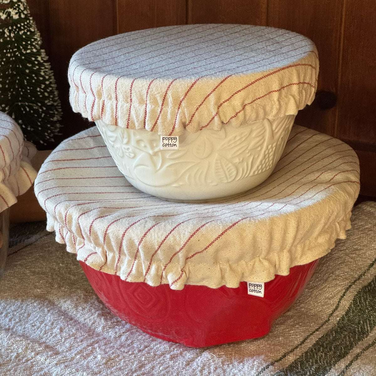 Reusable Christmas Pudding Bowl Covers & Matching Frilled Jar Cover | Reversible Natural Cotton