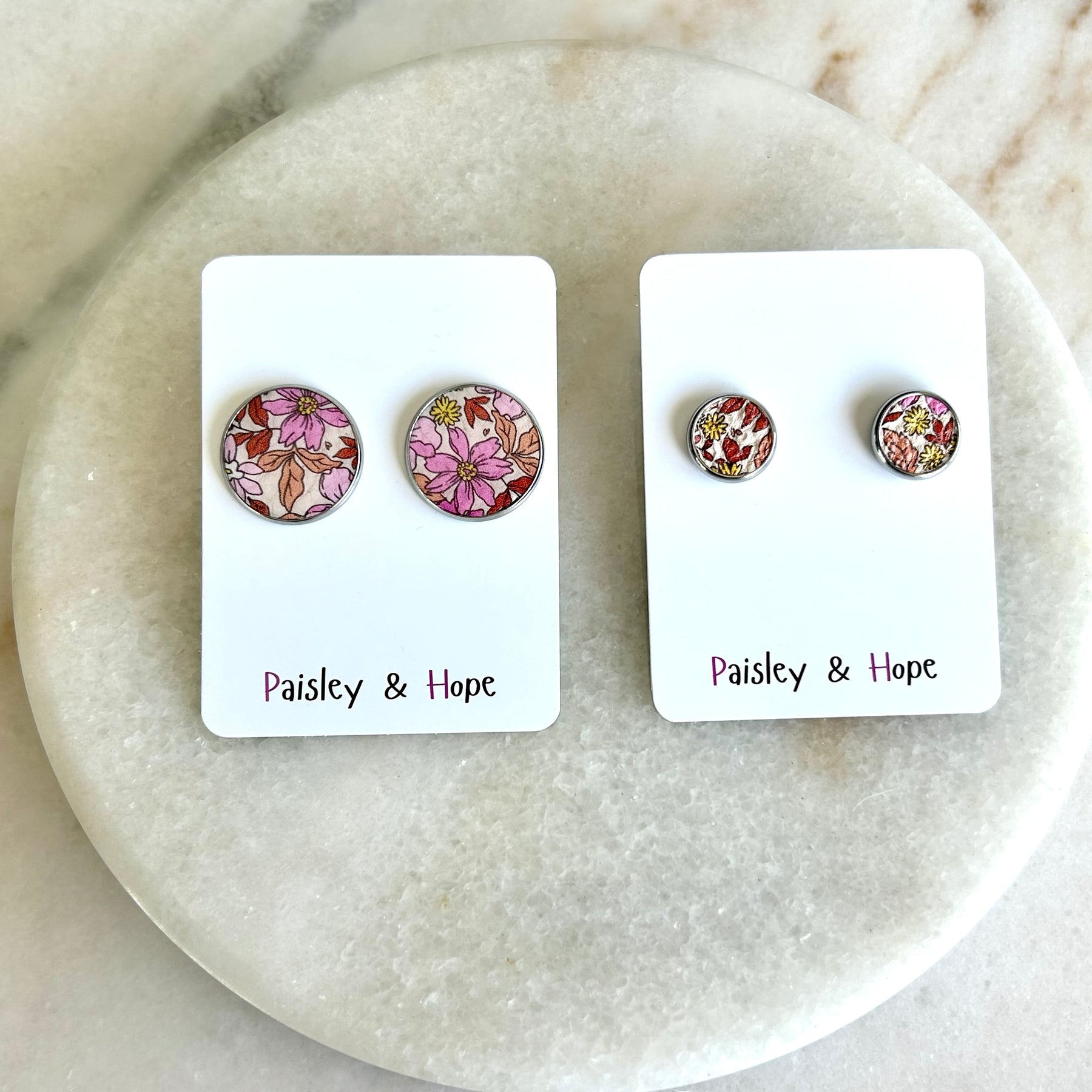Floral Faux Leather Bezel Style Studs - Choose size