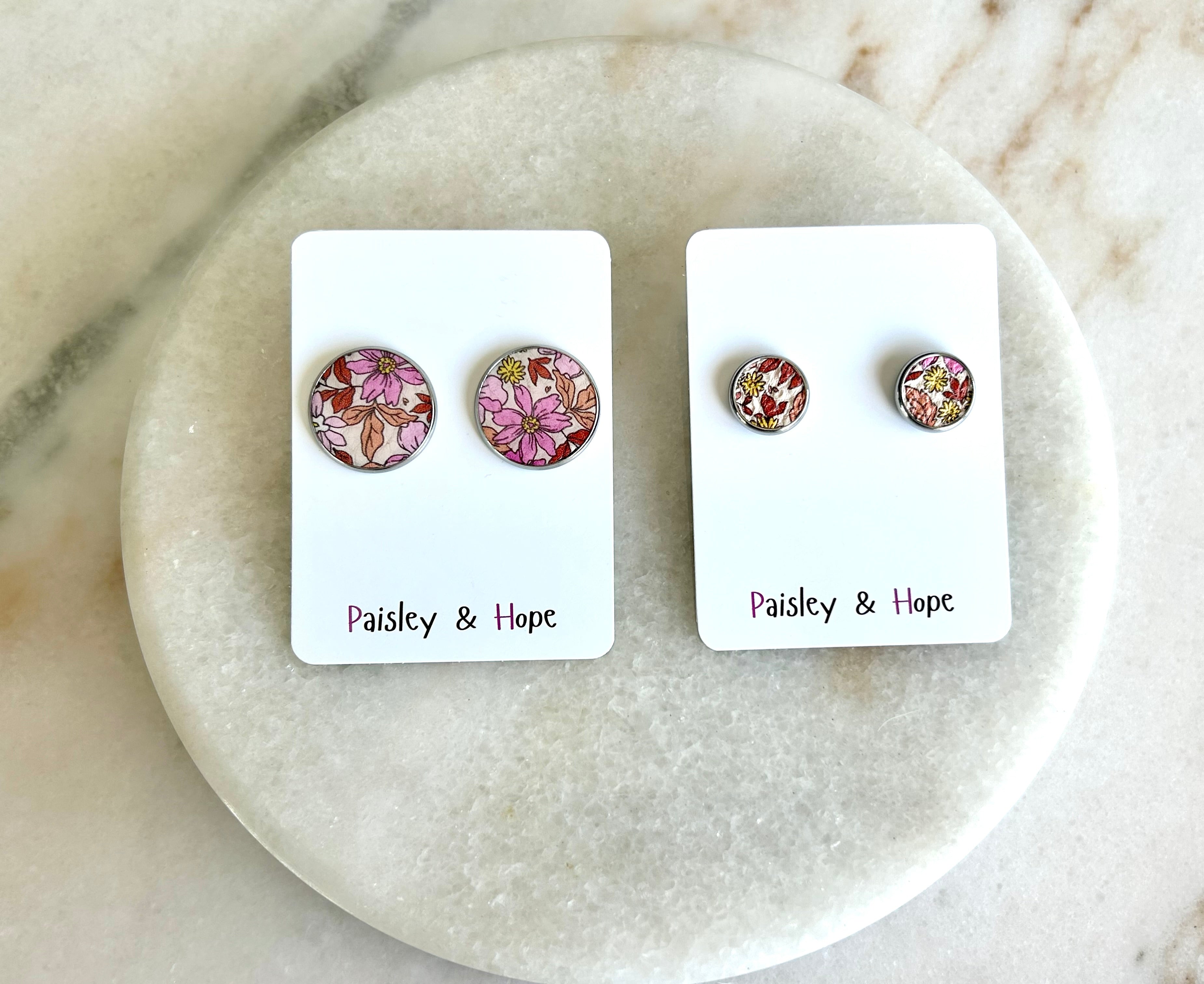 Floral Faux Leather Bezel Style Studs - Choose size