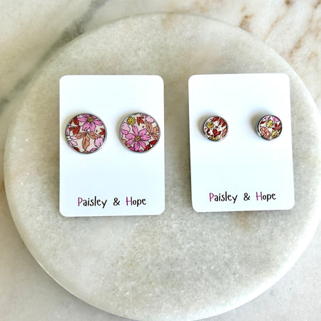Floral Faux Leather Bezel Style Studs - Choose size