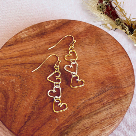 Chain of Hearts gold and silver dangle earrings