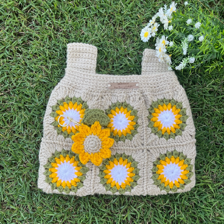 Handmade Crochet Sunflower Pram Organiser Beige and Sunflower Key Ring