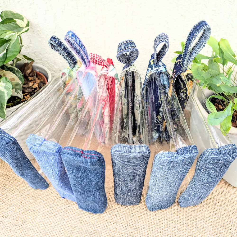 Clear Pouch Organiser with Upcycled Denim base Pink Rose