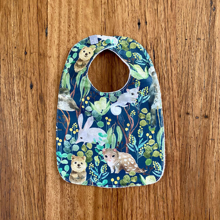 bib - green Australian animals / organic cotton hemp fleecy / baby toddler