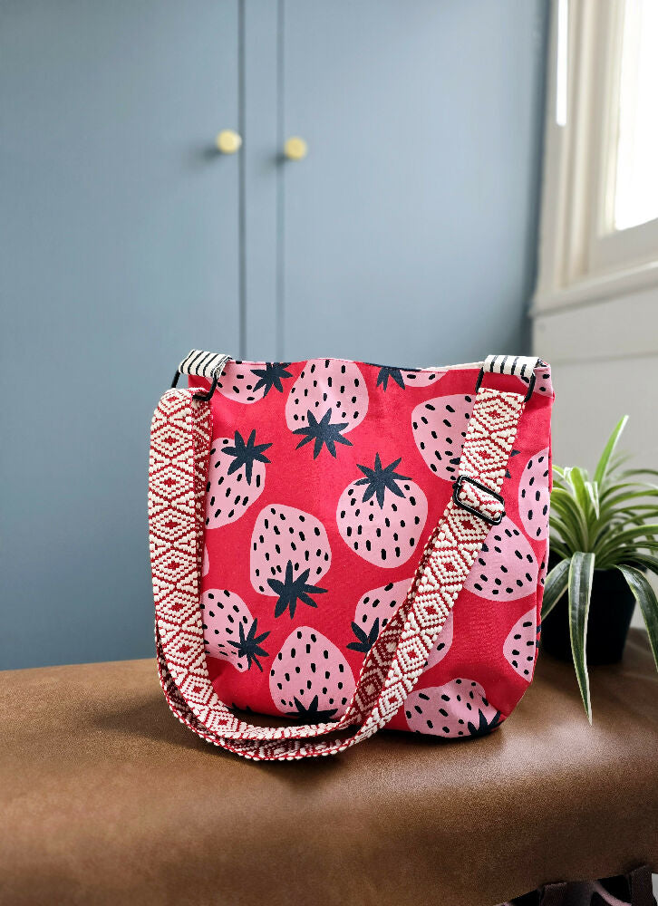 Strawberry crossbody tote bag. Everyday bag.