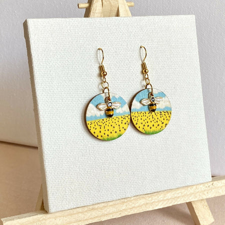 Sunflower fields and bee hand-painted wood dangle earrings