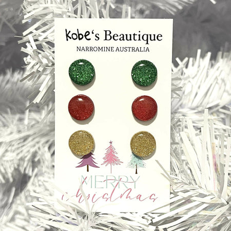 Small Glitter Christmas Studs. 3pk. Green, Red and Gold.