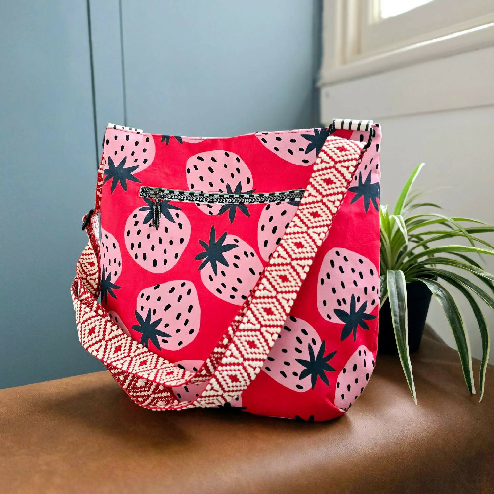 Strawberry crossbody tote bag. Everyday bag.