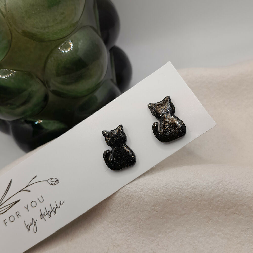 Black Glitter cat stud earrings- hypoallergenic