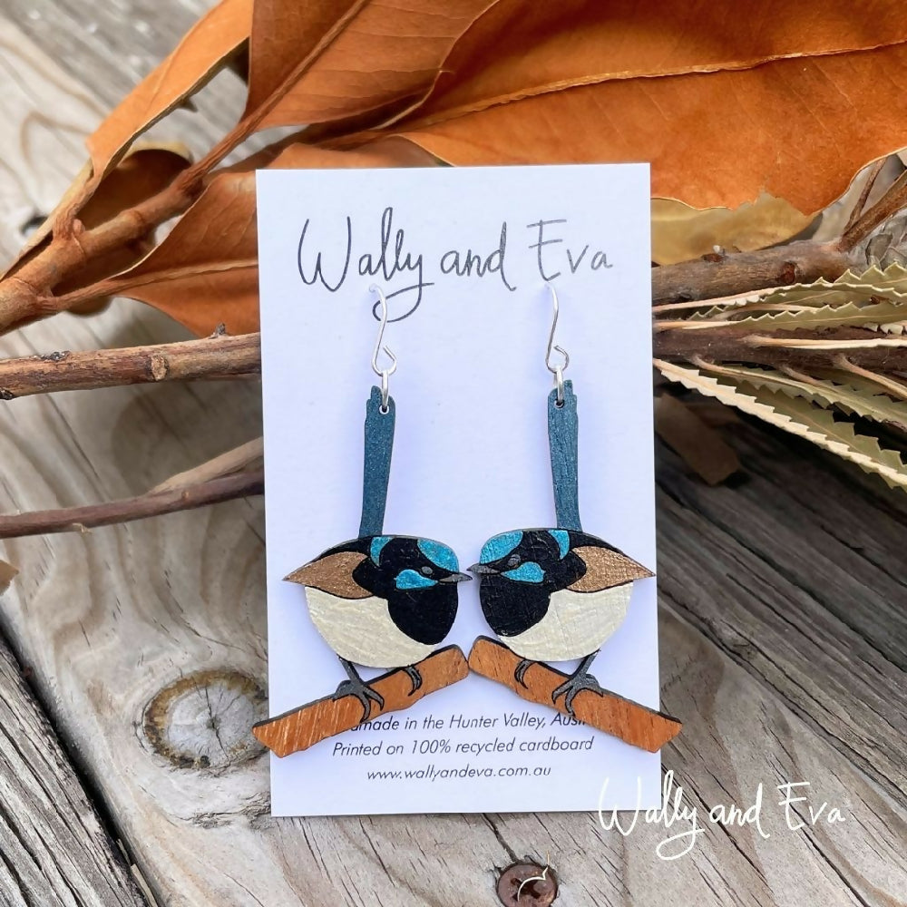 Australian-handmade-superb-fairy-wren-earrings-on-card