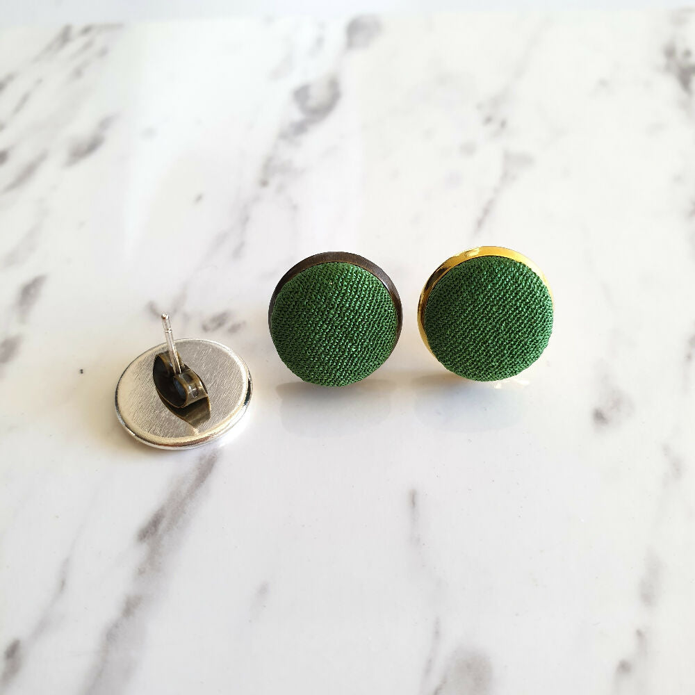 1.4cm Round Green Kimono Fabric Cabochon stud earrings