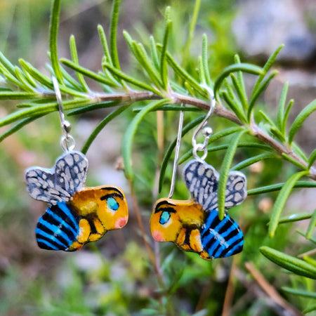 Bee earrings - blue-banded bee in sterling silver