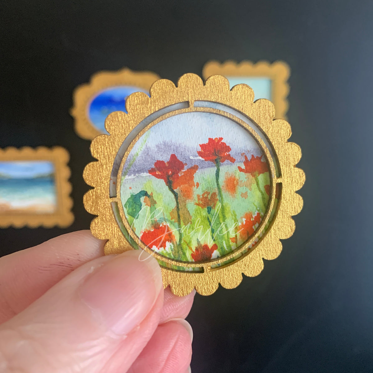 Hand Painted Fridge Magnet Set - 5 Framed Mini Paintings