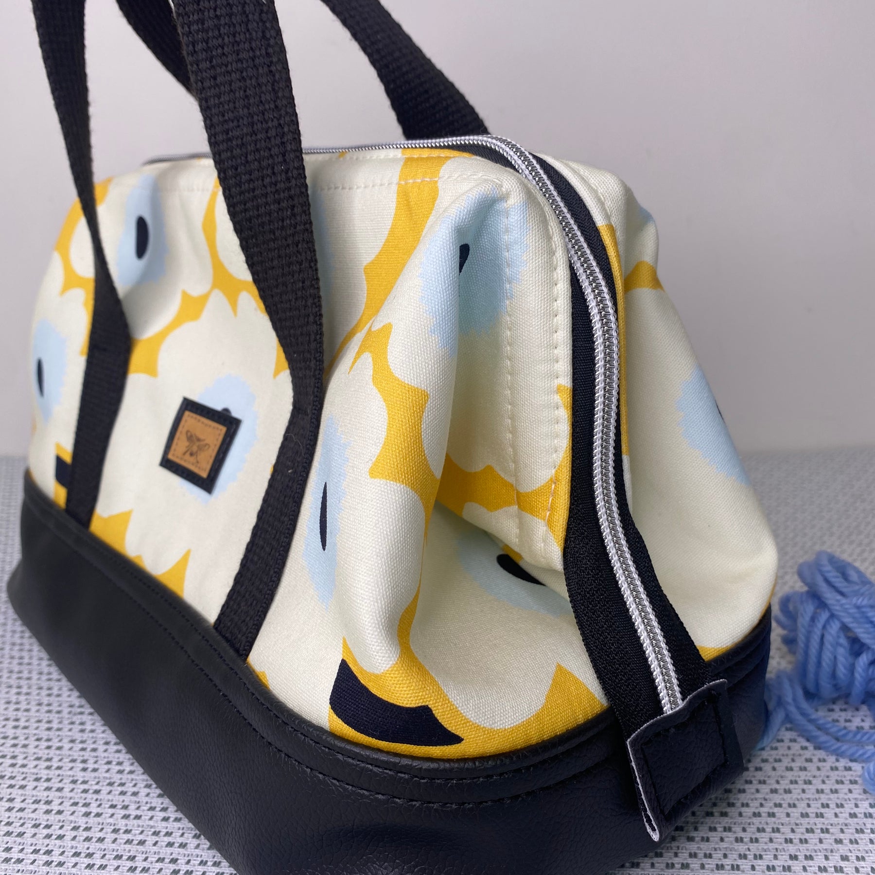 Project Bag - Flowers on Yellow with a Black Faux Leather Base