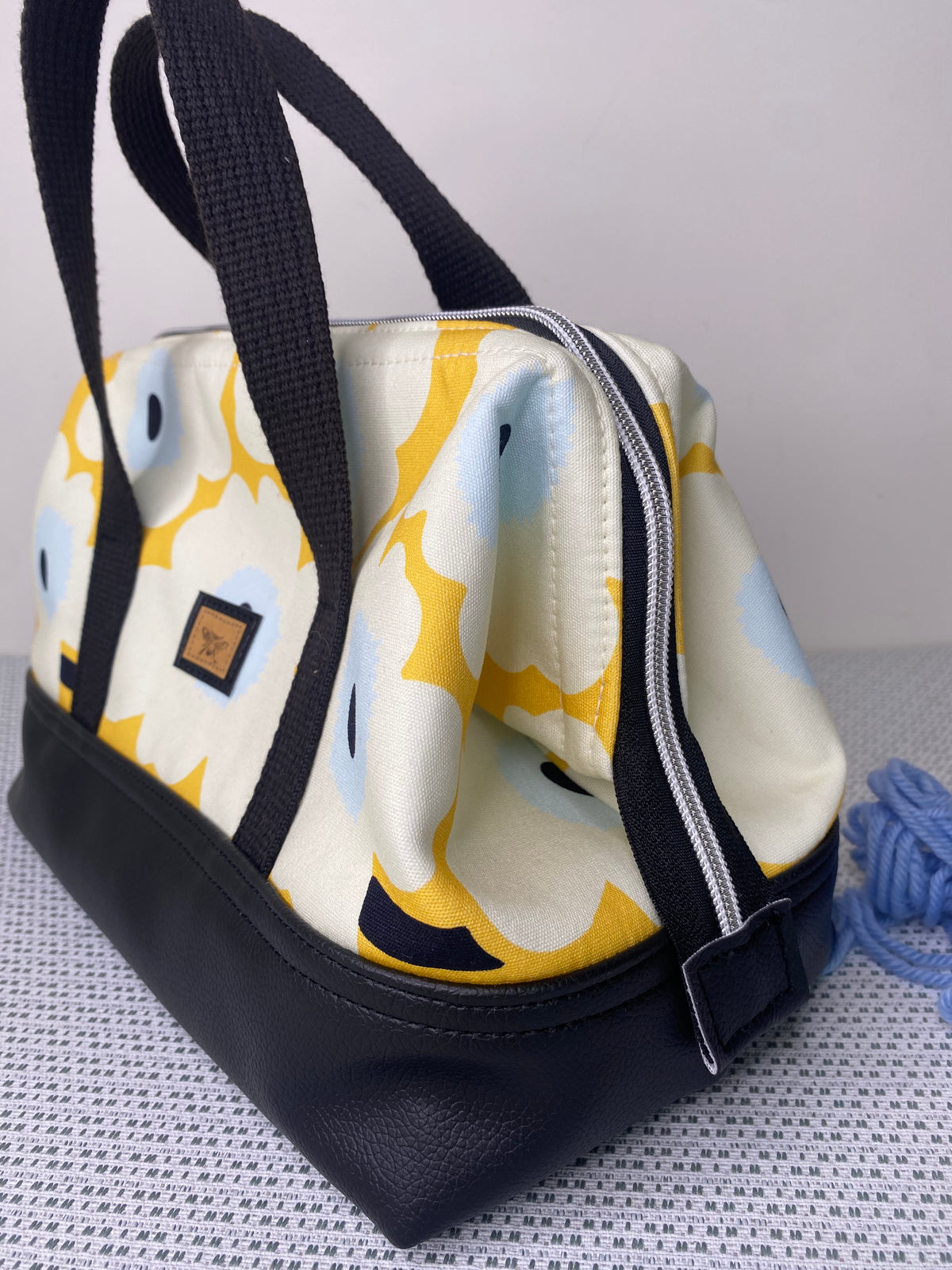 Project Bag - Flowers on Yellow with a Black Faux Leather Base