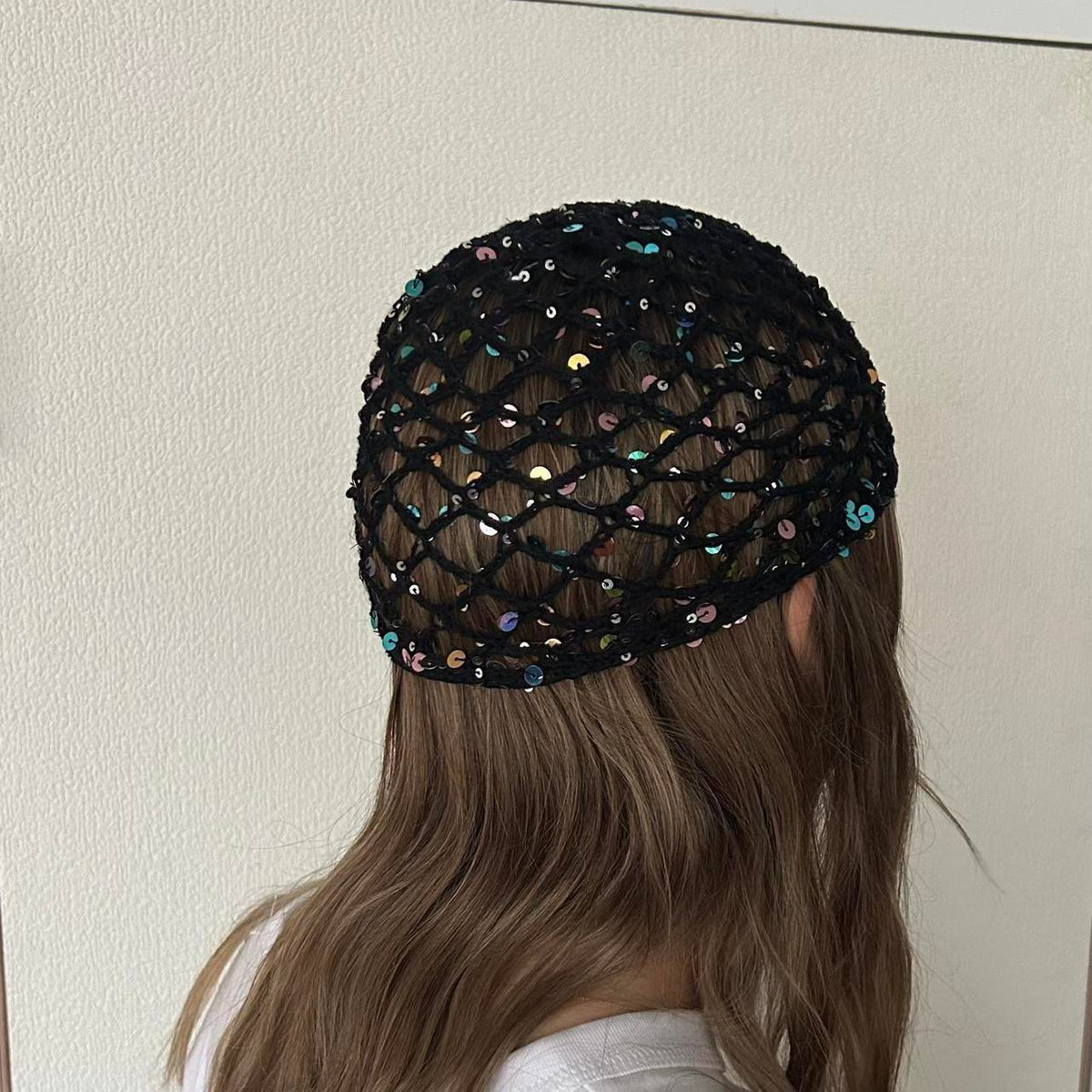 Black with Black Sequin Crochet Wave Hat