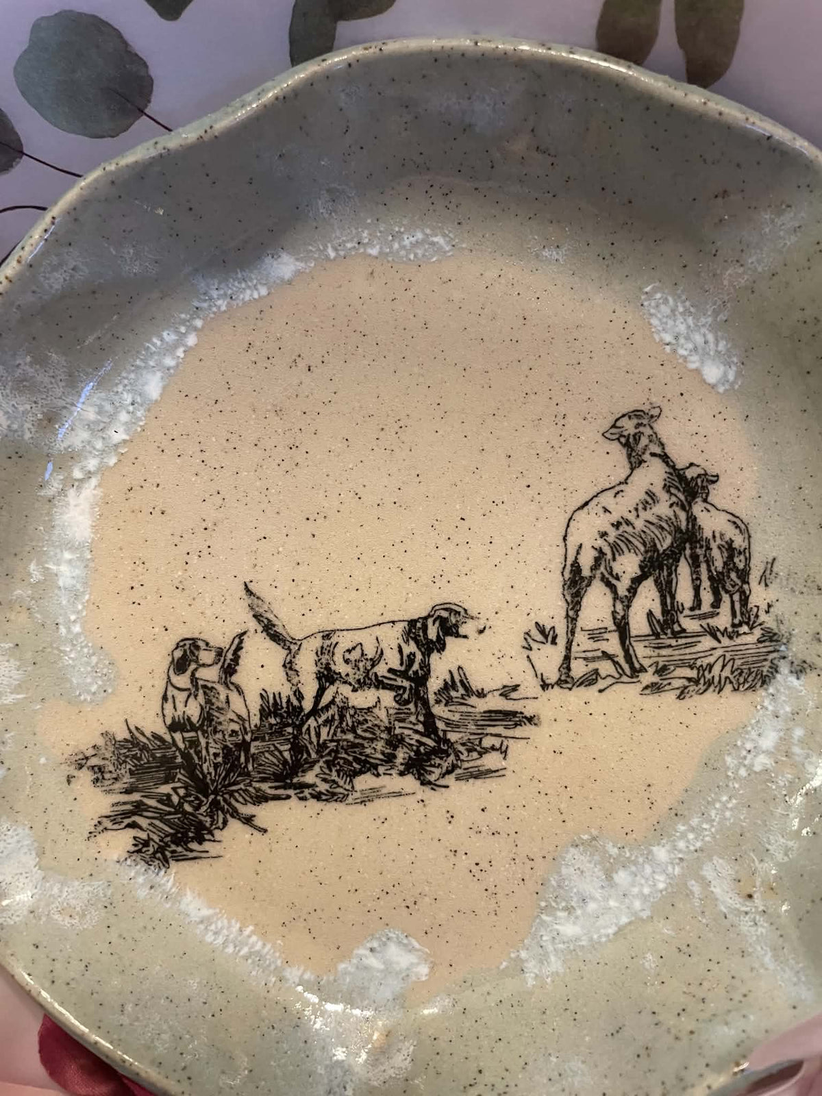 Pointer dogs herding sheep bowl/dish