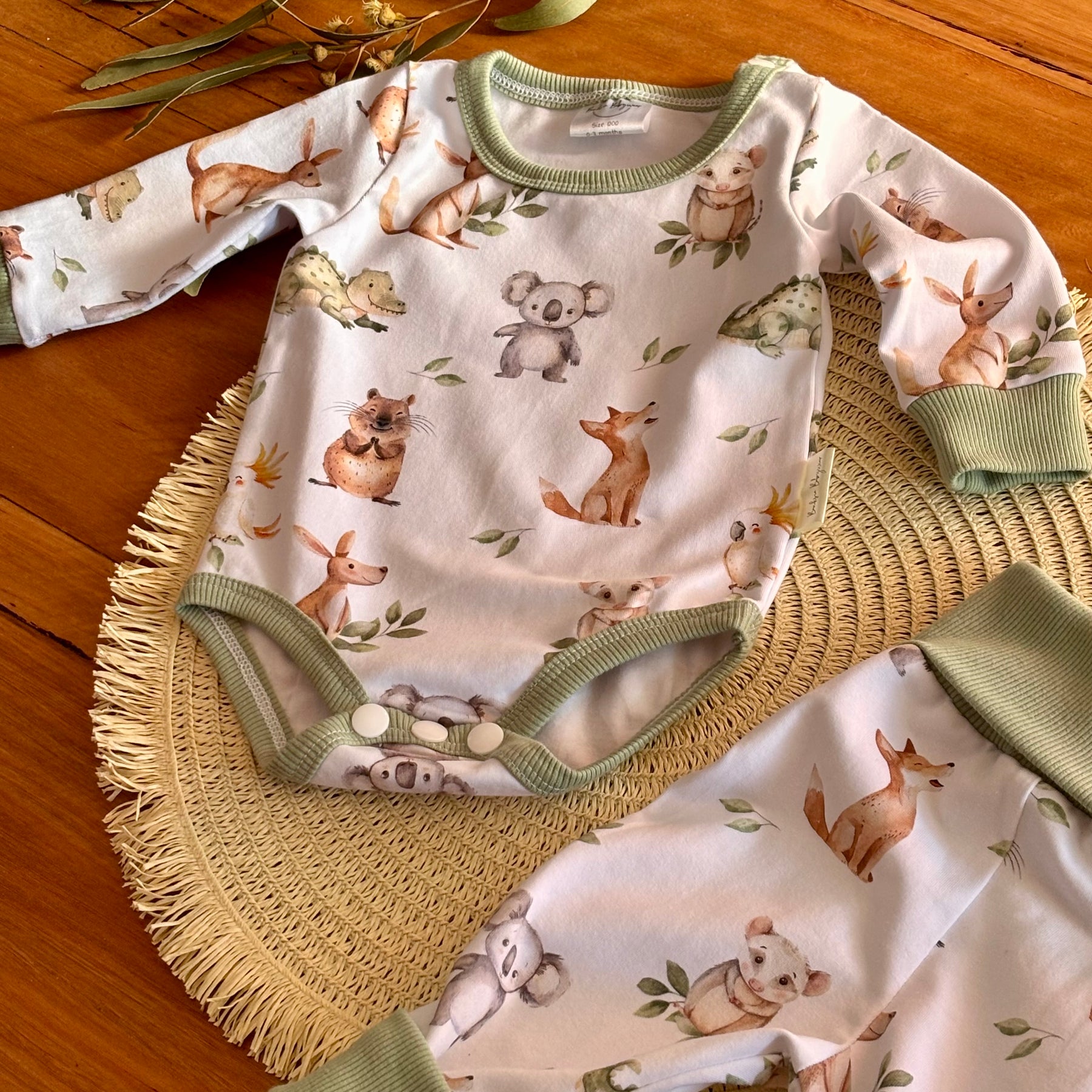 Baby Bodysuit and Pants Set | Green Aussie Animals | Size premmie to 2 | Made to order