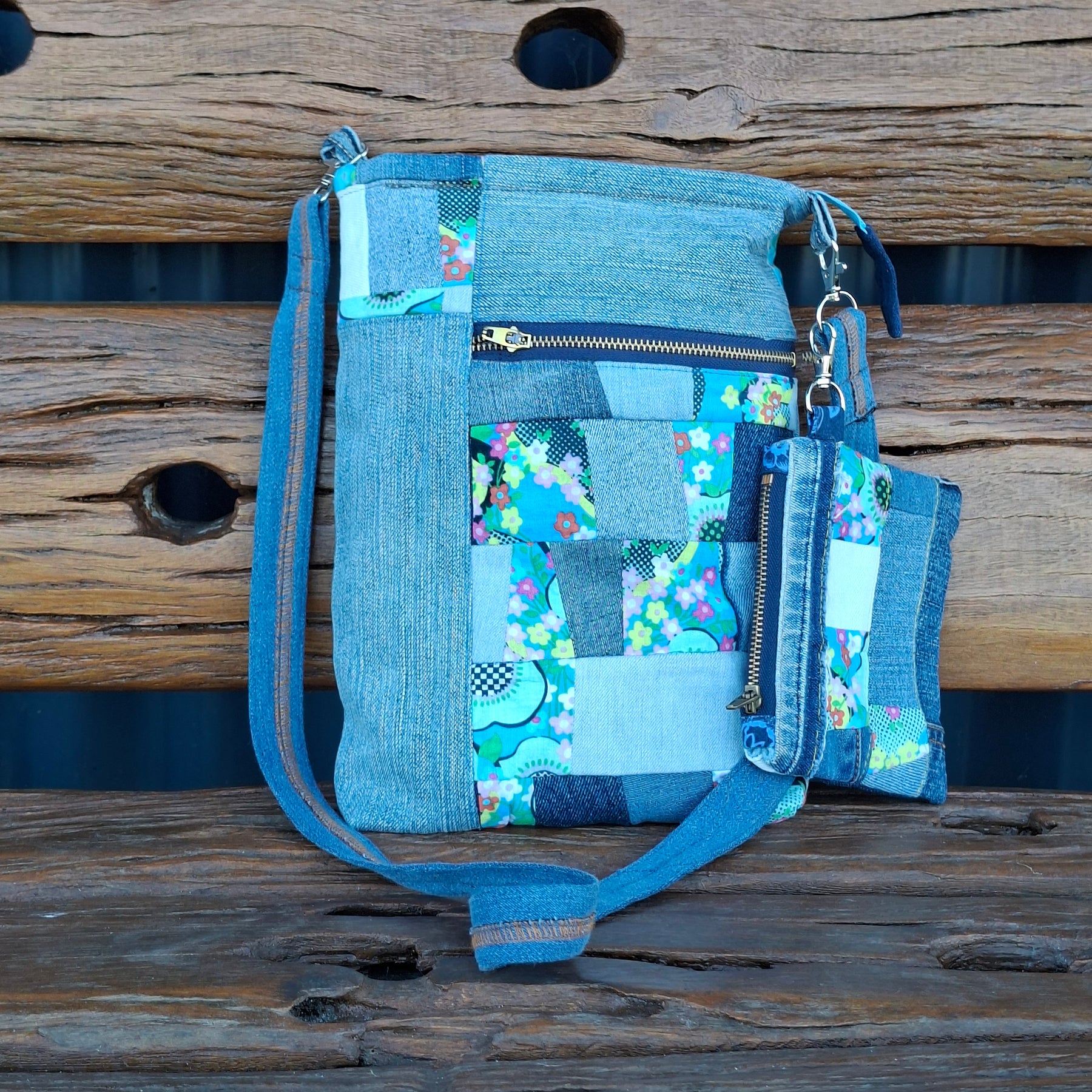 SALE - Blue, Floral & Denim Cross Body Bag w matching pouch