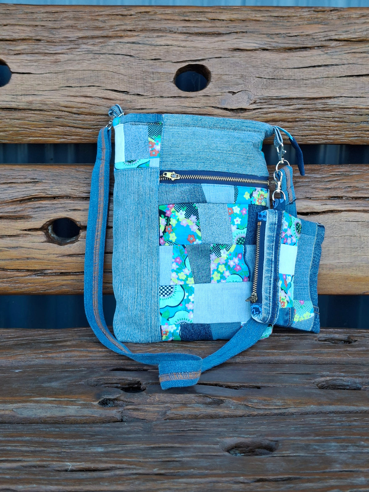 SALE - Blue, Floral & Denim Cross Body Bag w matching pouch