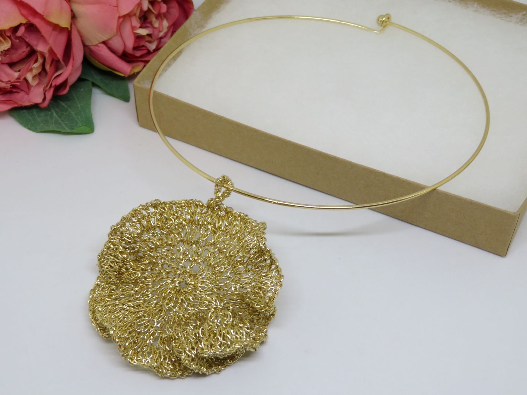 Bespoke Handmade Gold Shimmer Crochet Ripple Pendant Choker Necklace