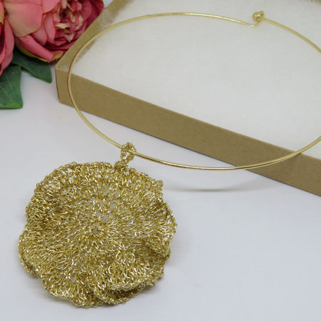 Bespoke Handmade Gold Shimmer Crochet Ripple Pendant Choker Necklace