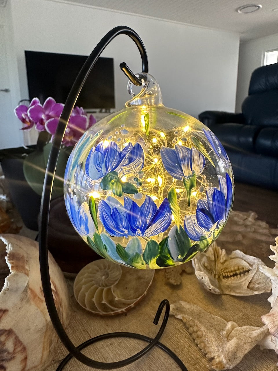 Glass Hanging Candle Holder Hand Painted With Blue Blooms