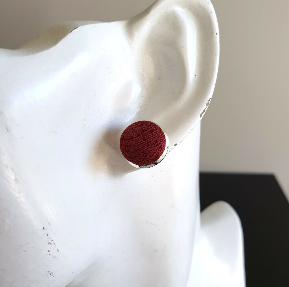 1.4cm Round Dark Brown Kimono Fabric Cabochon stud earrings