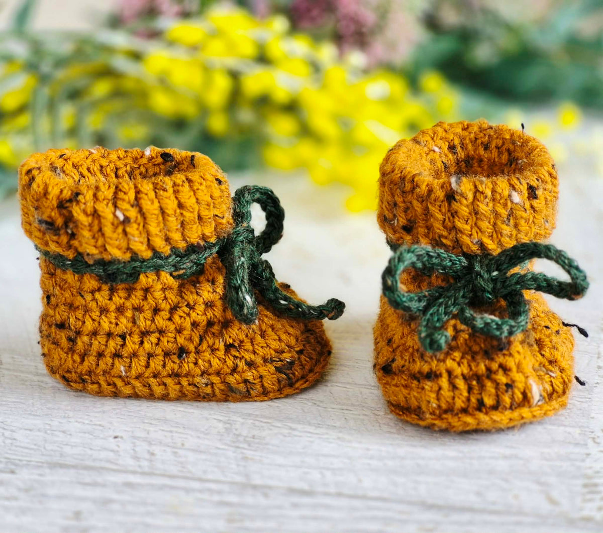 Baby Booties | Mustard Tweed | Newborn | Crochet | Knit | Shoes | Socks