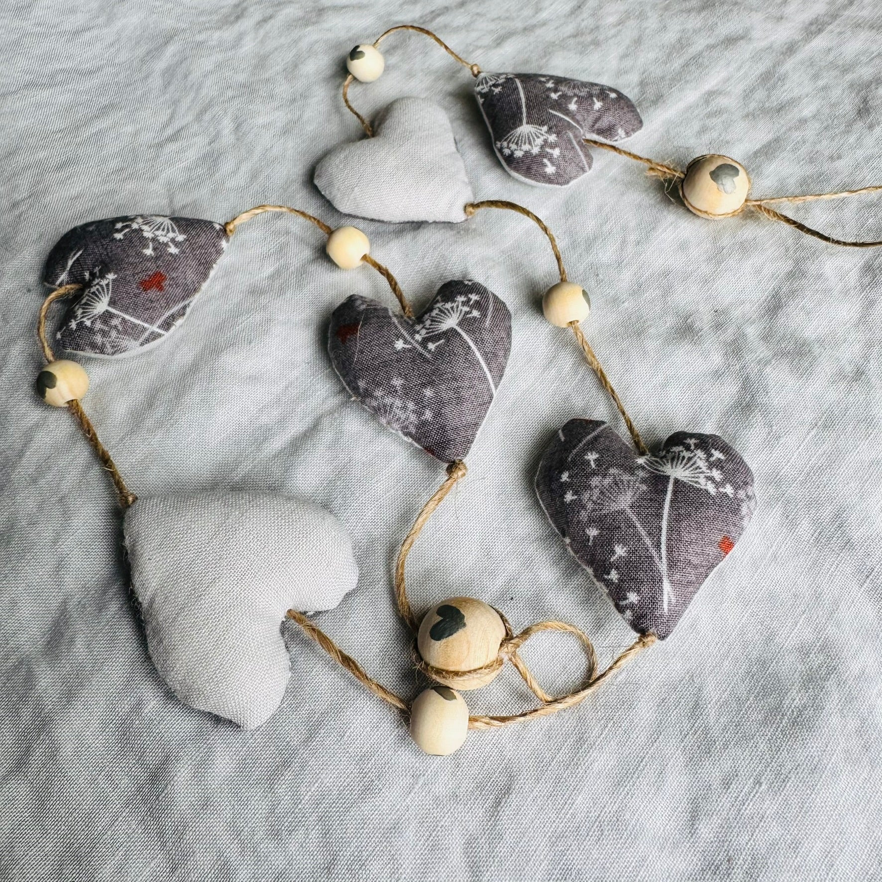 Handmade 'string of love' hanging hearts - grey Queen Anne's lace