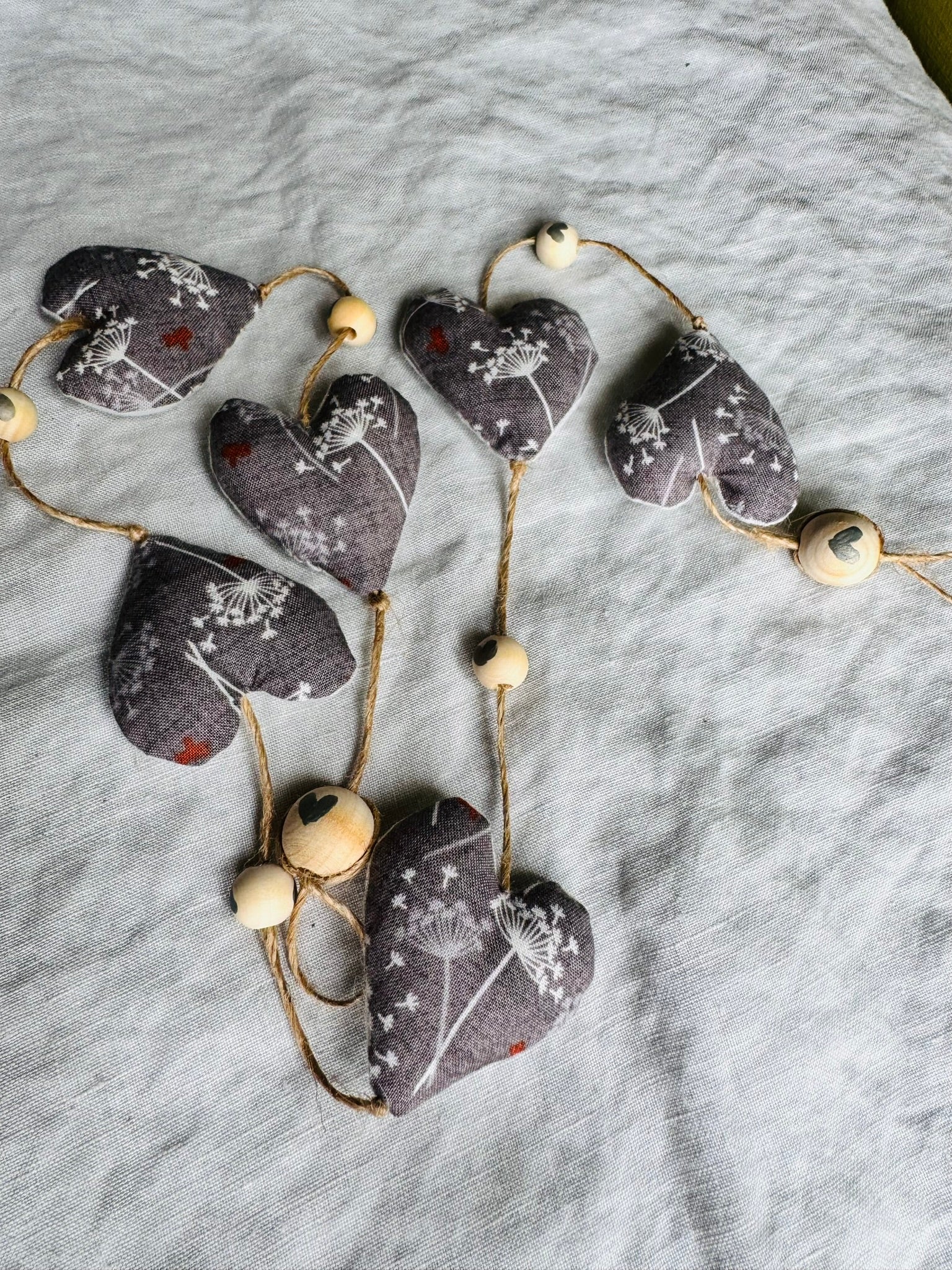 Handmade 'string of love' hanging hearts - grey Queen Anne's lace