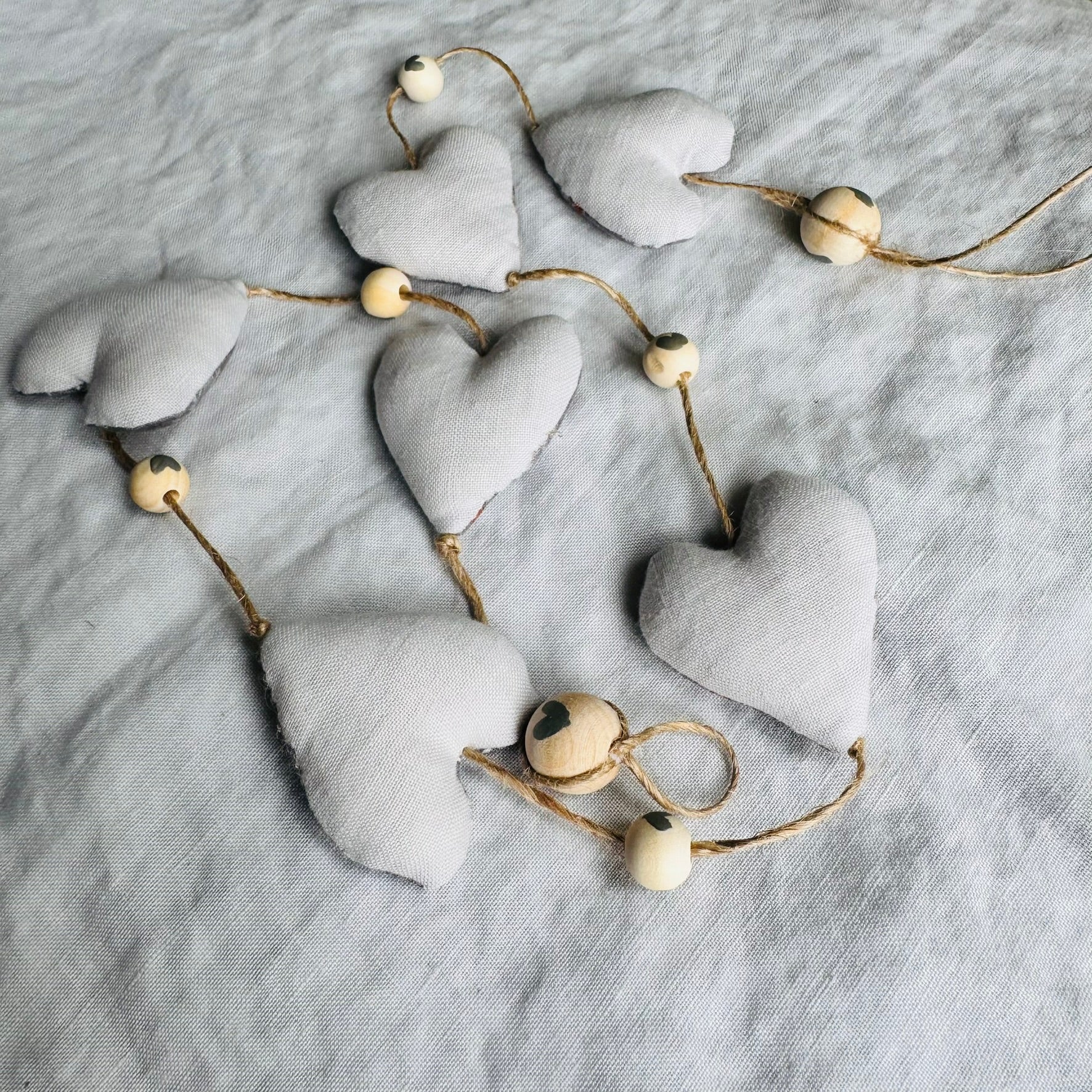 Handmade 'string of love' hanging hearts - grey Queen Anne's lace