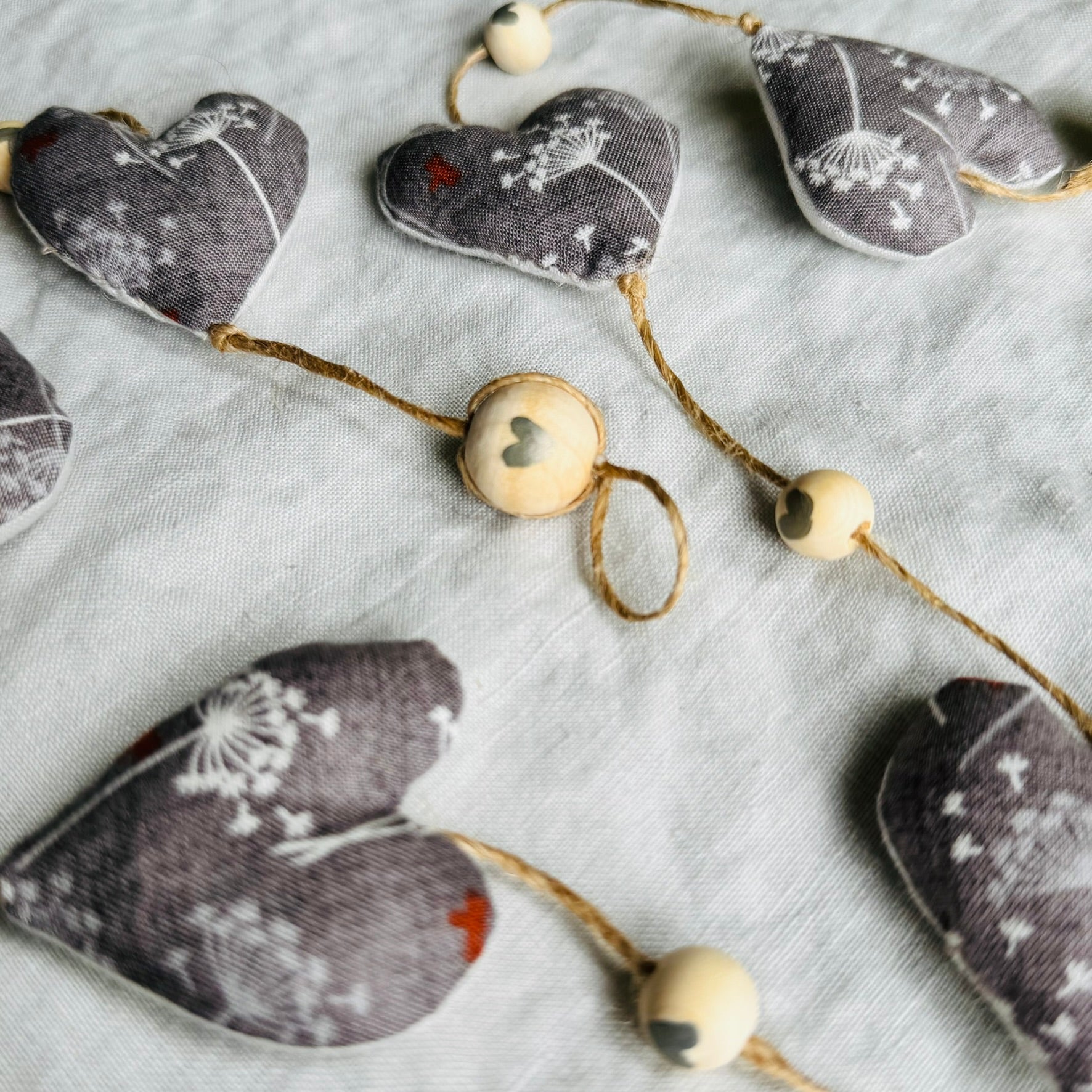 Handmade 'string of love' hanging hearts - grey Queen Anne's lace
