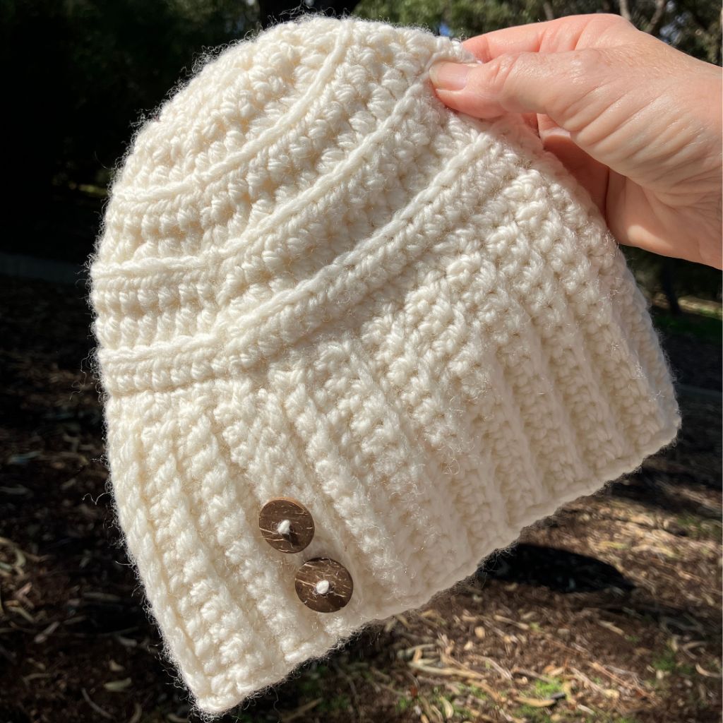 Banded Bee Beanie - Handmade Crochet Beanie in Australian Merino Wool | White