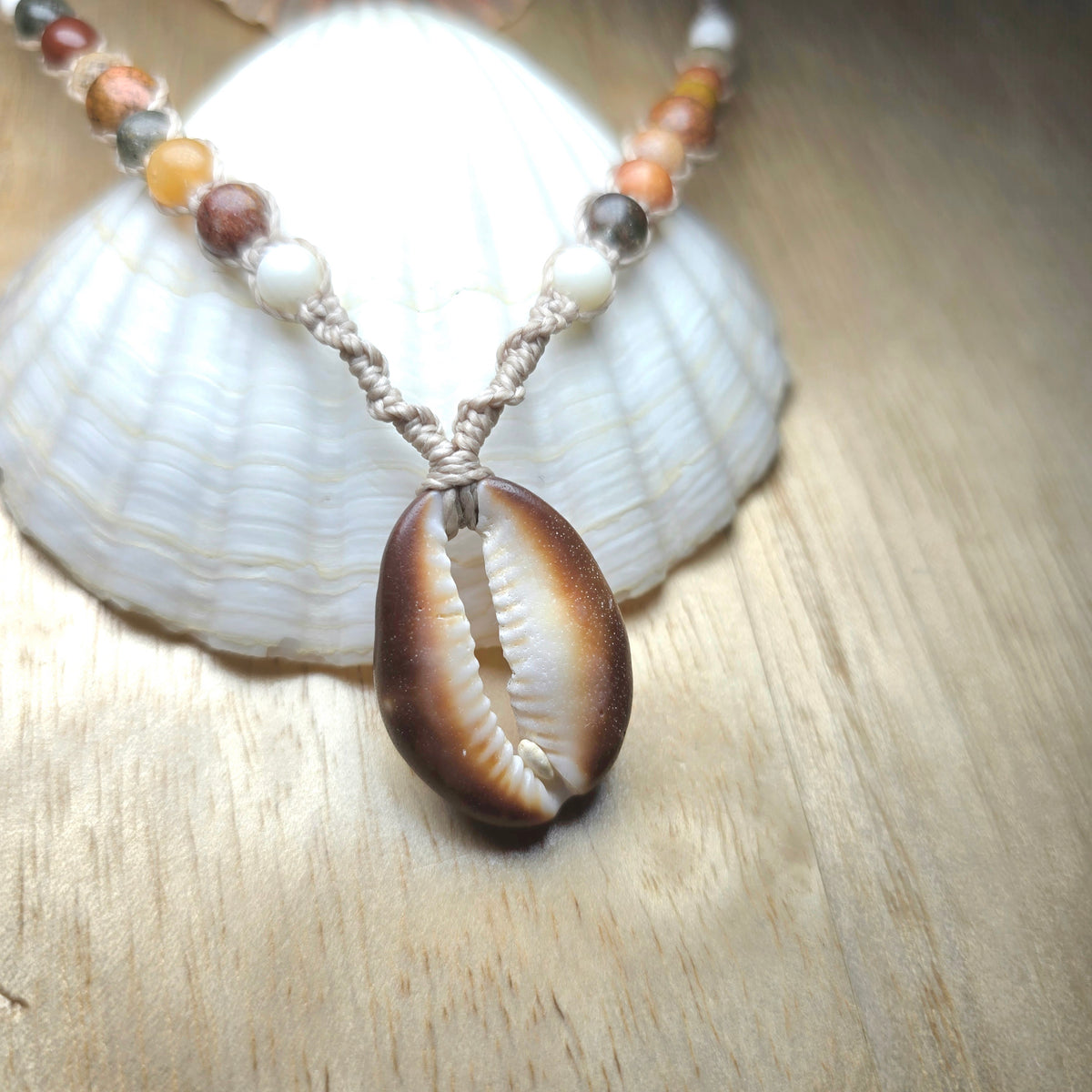 Cowrie Shell and Ocean Agate macrame Necklace