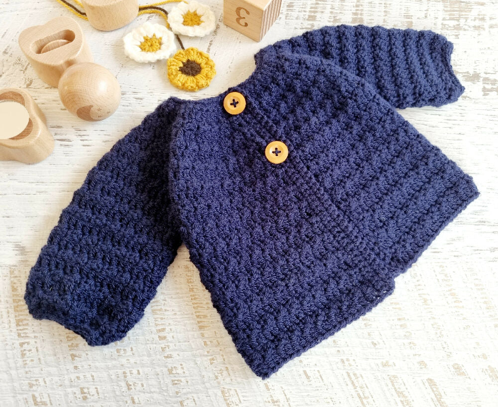 Baby Cardigan Navy Blue Newborn Hand Crocheted Matinee Jacket 0-3 months