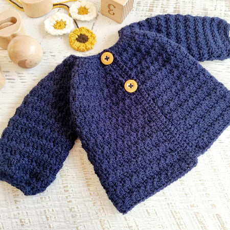 Baby Cardigan Navy Blue Newborn Hand Crocheted Matinee Jacket 0-3 months