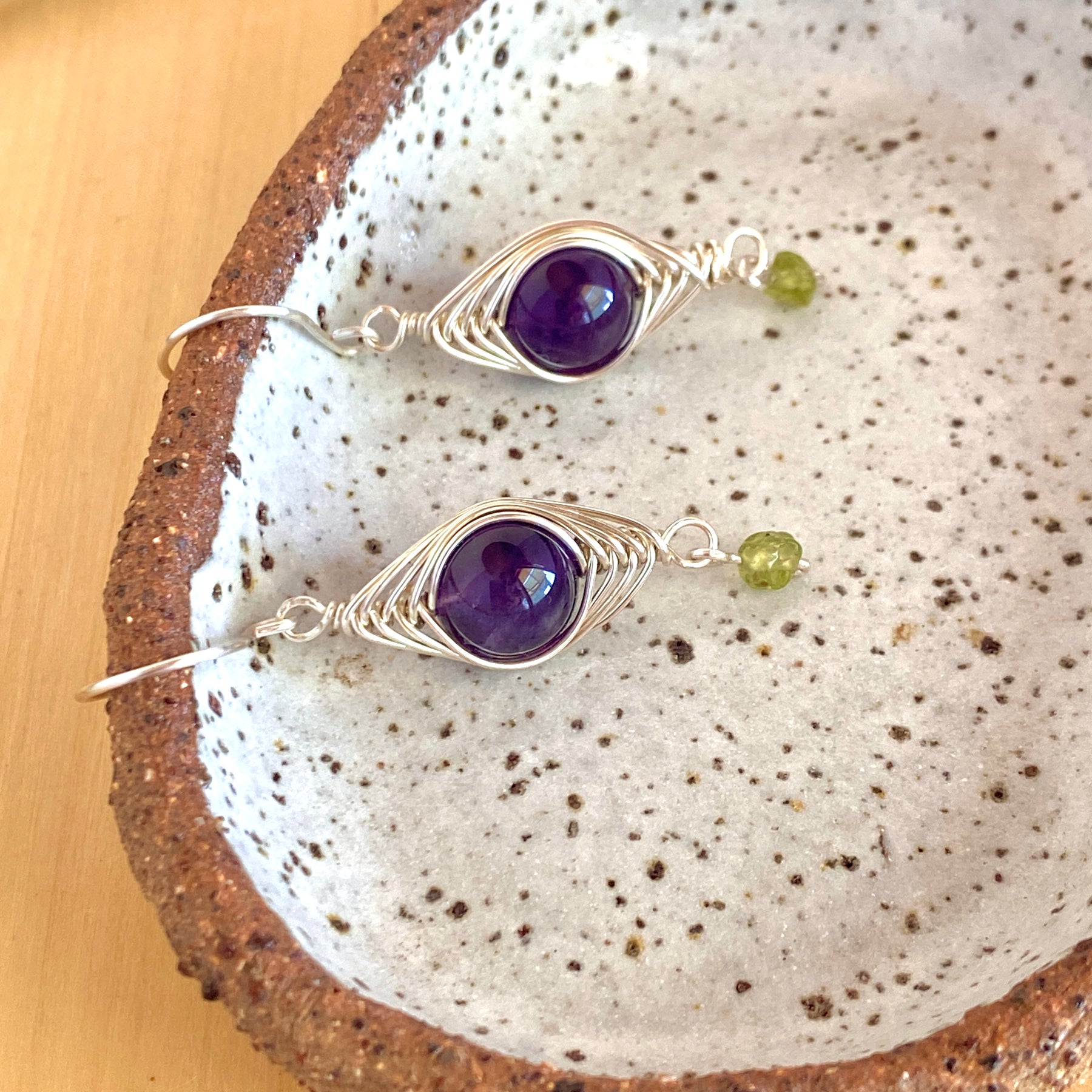 Amethyst and Peridot Silver Boho Earrings | Gemstone Wire Wrap Jewellery