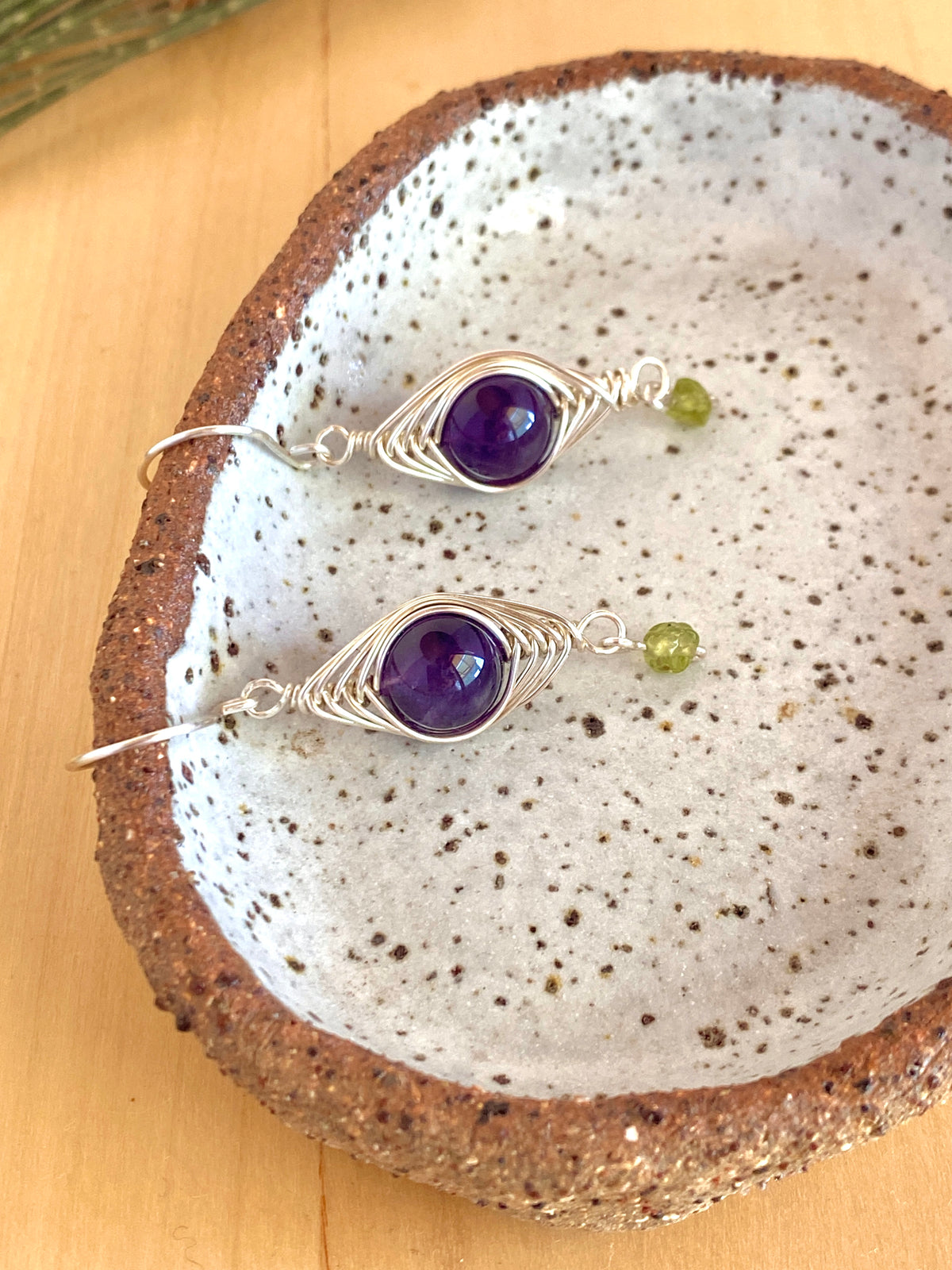 Amethyst and Peridot Silver Boho Earrings | Gemstone Wire Wrap Jewellery
