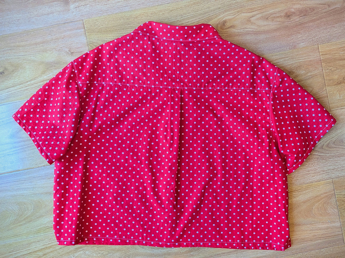 Upcycled Cotton Polka Dot Crop Button-up Shirt (Red & White / Size L)