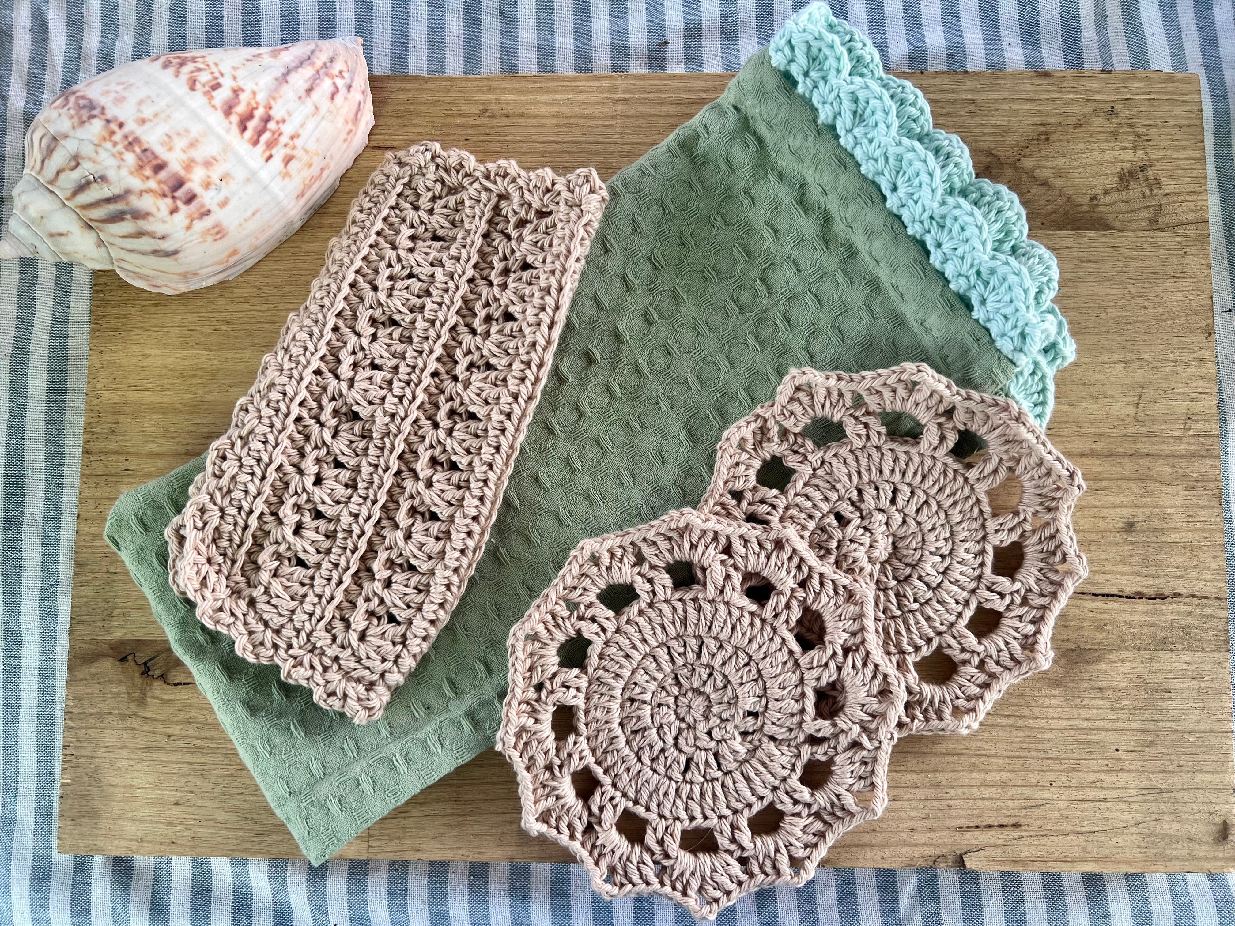 Coastal Kitchen Gift Set, Handmade Crochet Tea Towel & Coasters