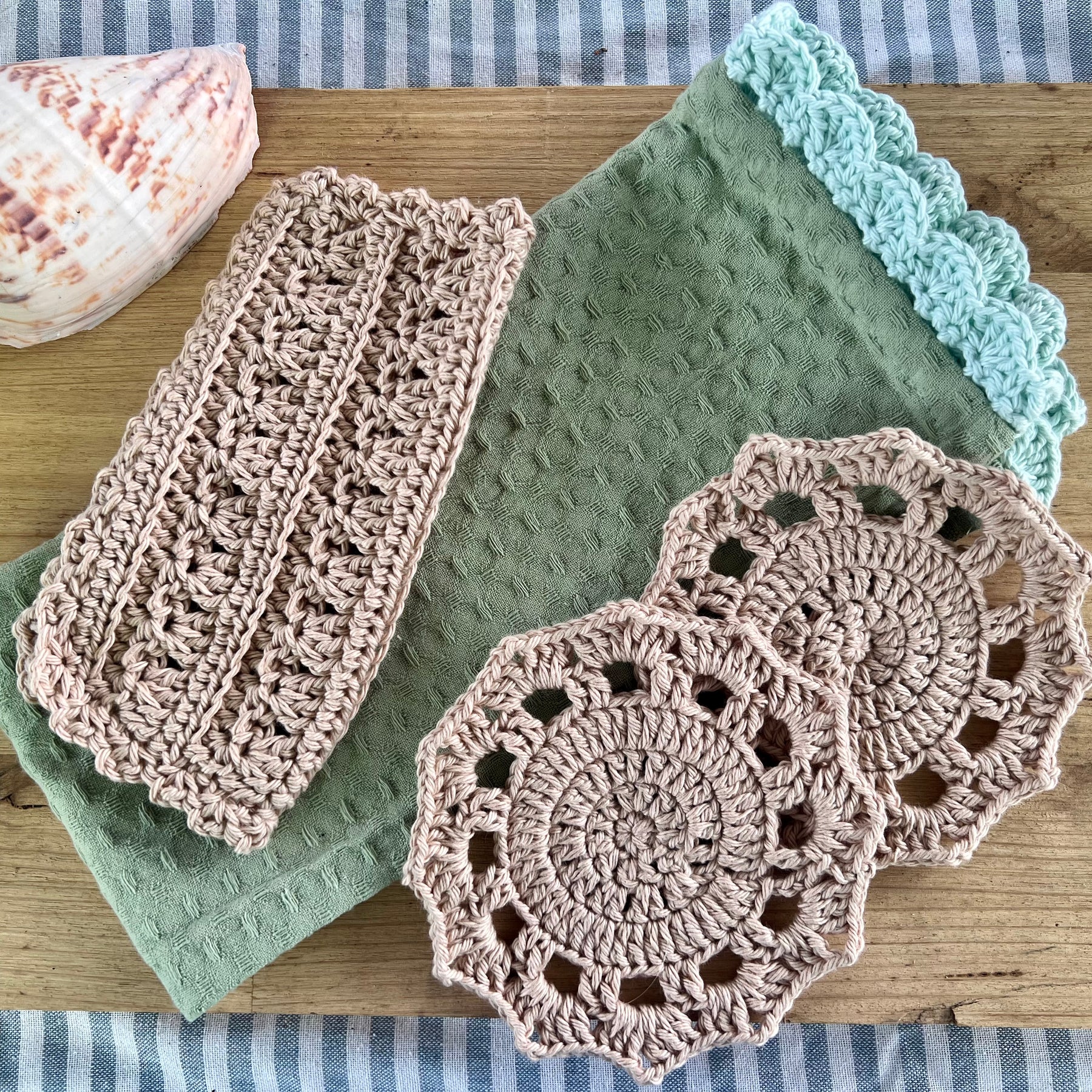 Coastal Kitchen Gift Set, Handmade Crochet Tea Towel & Coasters